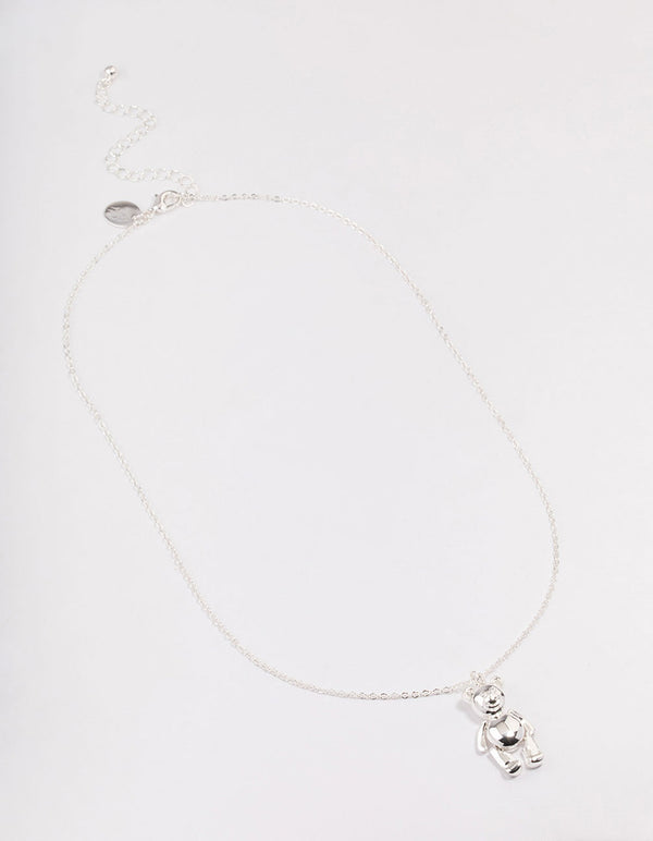 Silver Moving Teddy Bear Short Necklace