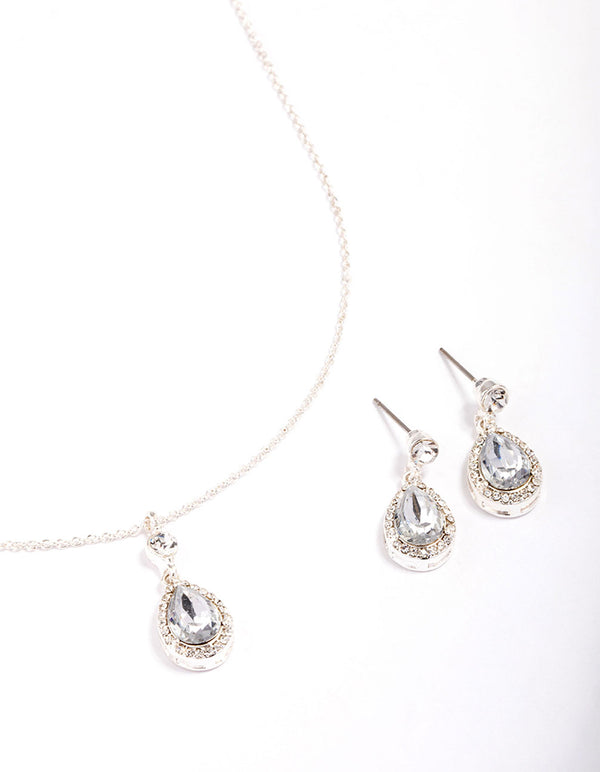 Silver Round & Pear Halo Jewellery Set