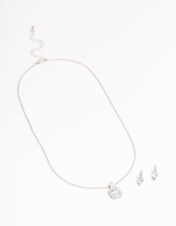 Silver Square Halo Jewellery Set