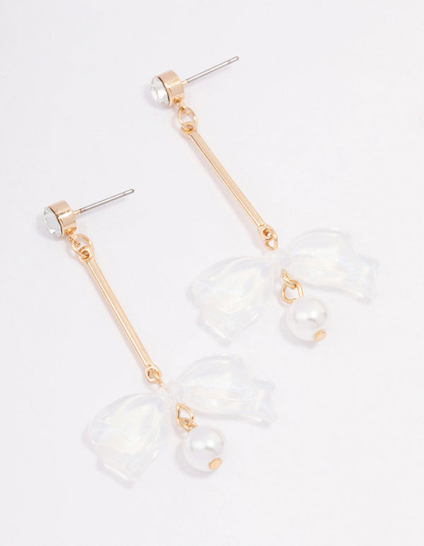 Gold Diamante Acrylic Bow Drop Earrings