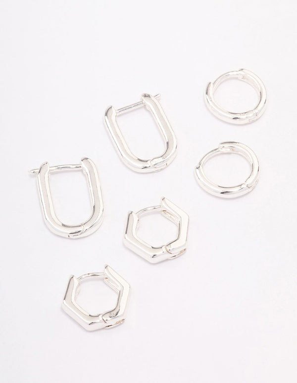 Silver Plated Hexagon Hoop Earrings Pack