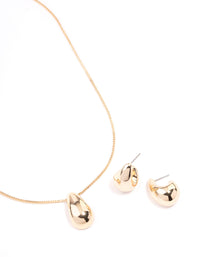 Gold Puffy Pear Earrings & Necklace Jewellery Set - link has visual effect only