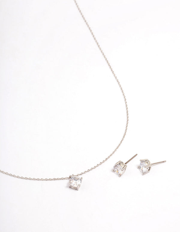 Rhodium Cubic Zirconia Round Earring & Necklace Set