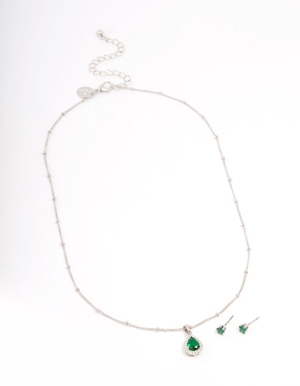 Rhodium Cubic Zirconia Emerald Earring & Necklace Set