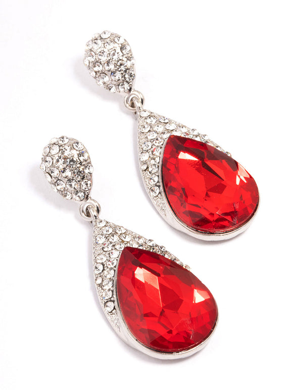 Red Stone Diamante Drop Earrings