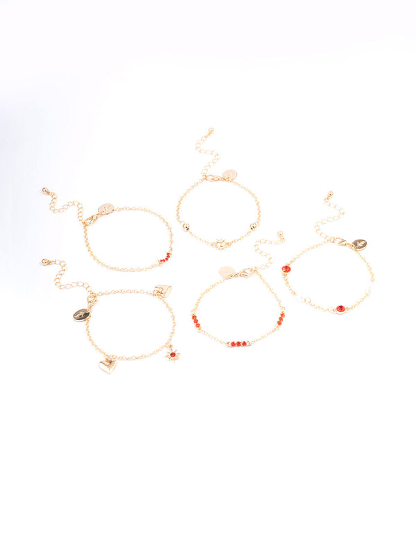 Red 5 Row Charm Gold Bracelets & Anklets Set