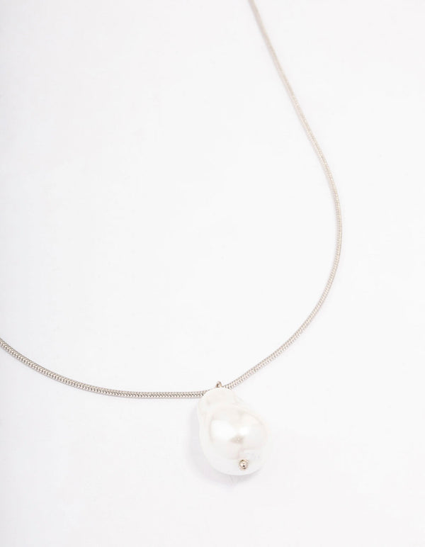 Rhodium Snake Chain Pearl Pendant Necklace