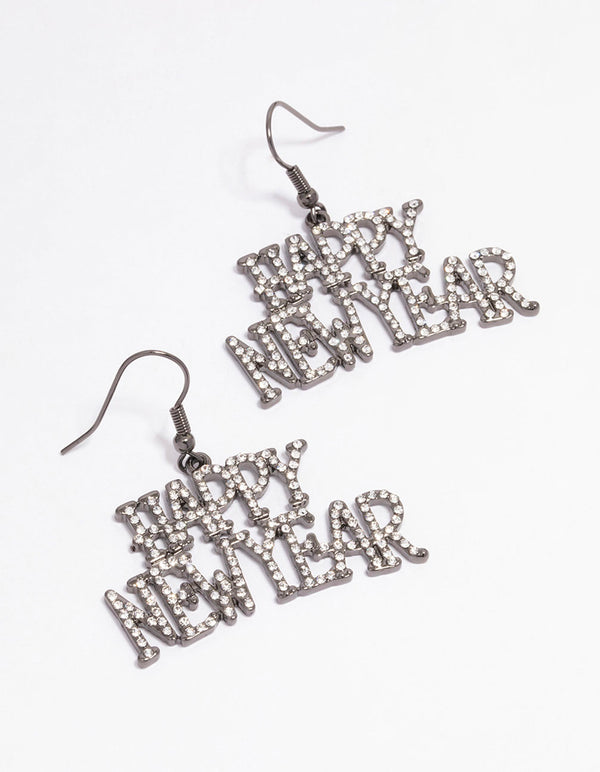 Gunmetal Happy New Year Diamante Drop Earrings