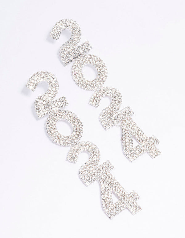 Silver 2024 New Year Diamante Drop Earrings