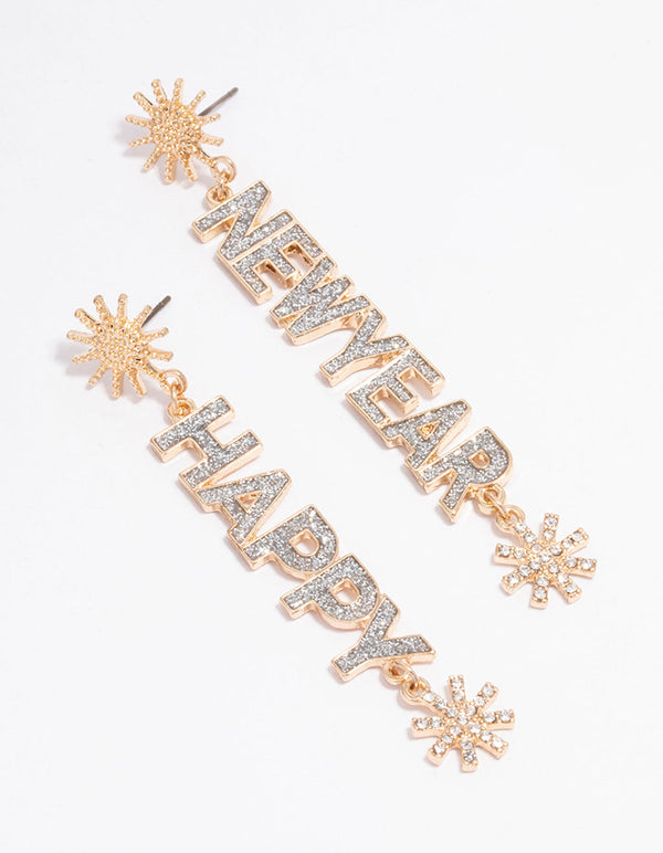 Gold Happy New Year Drop Earrings