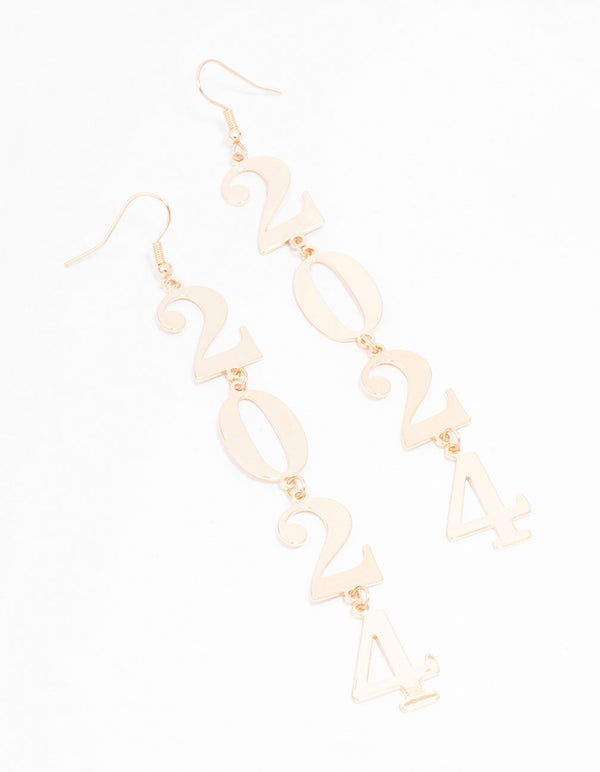 Gold Metallic 2024 New Year Drop Earrings