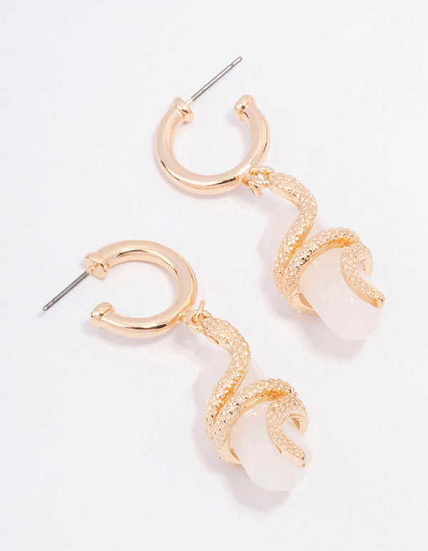 Gold Clear Quartz Snake Wrapped Drop Earrings