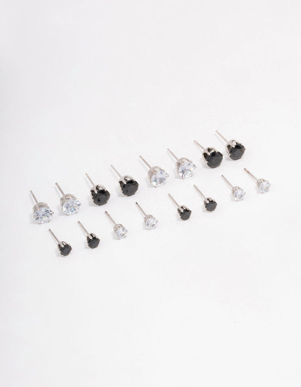 Silver Basic Diamante Stud Earring 8-Pack