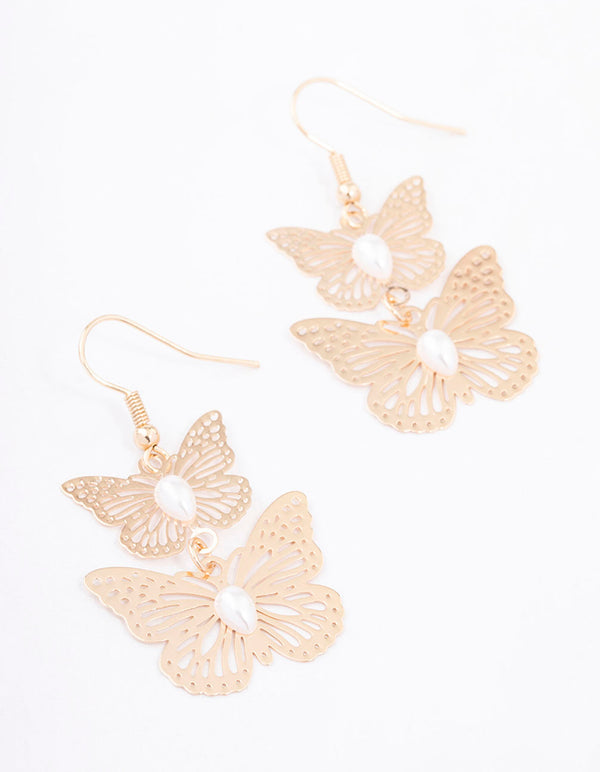 Gold Double Pearl Butterfly Drop Earrings