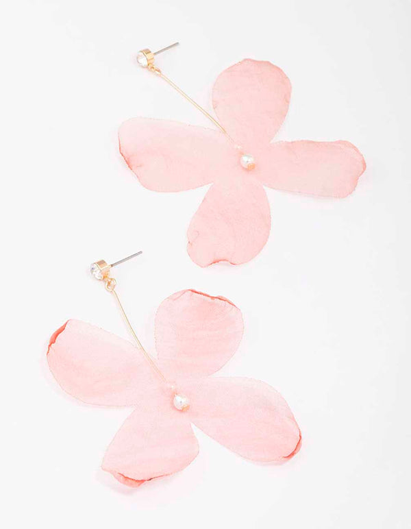 Pink Diamante & Pearl Fabric Flower Drop Earrings