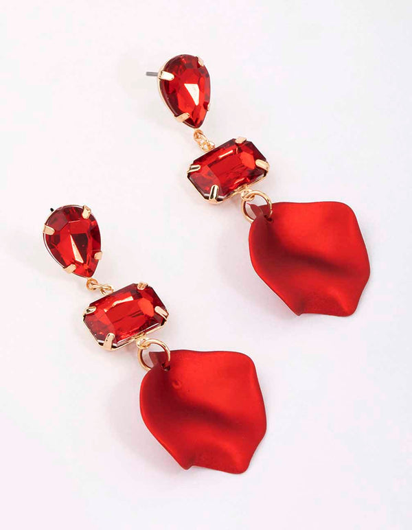 Red Pear Rectangle Diamante Petal Drop Earrings