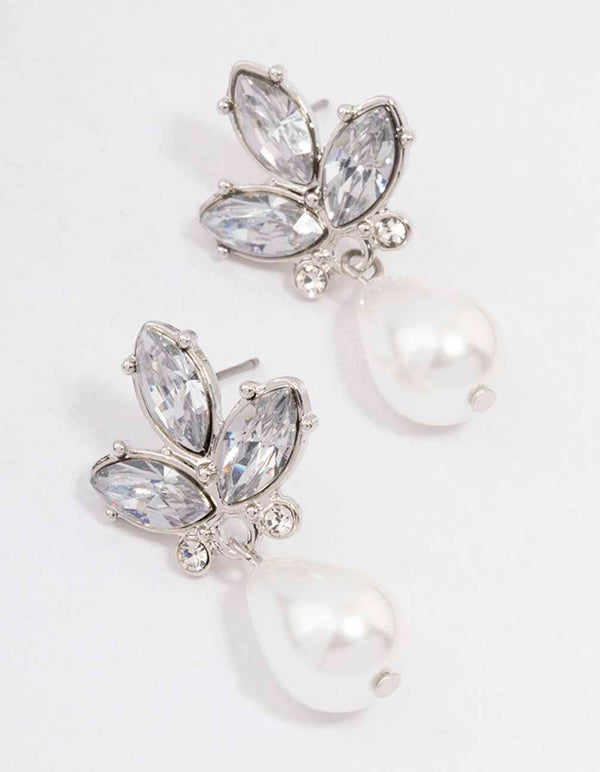 Rhodium Diamante Teardrop Pearl Drop Earrings