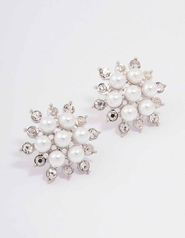 Rhodium Diamante & Pearl Flower Stud Earrings