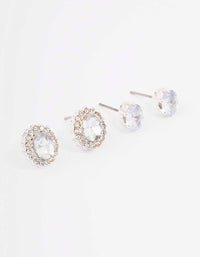 Silver Oval Halo Diamante Stud Earring Pack - link has visual effect only