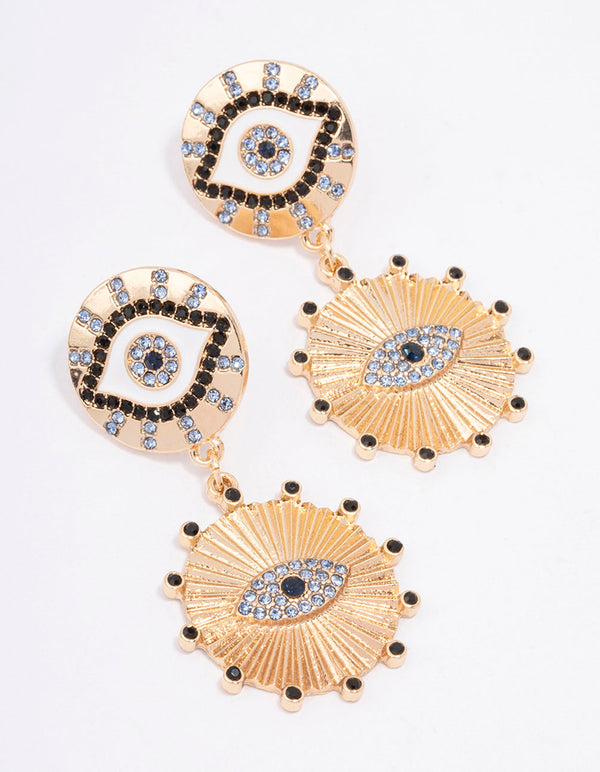 Gold Double Eye Disc Drop Earrings