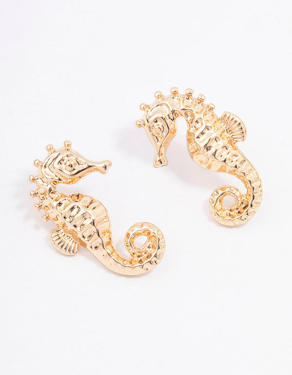 Gold Seahorse Statement Stud Earrings