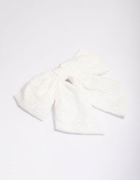 White Fabric Embroidered Hair Bow Clip - link has visual effect only