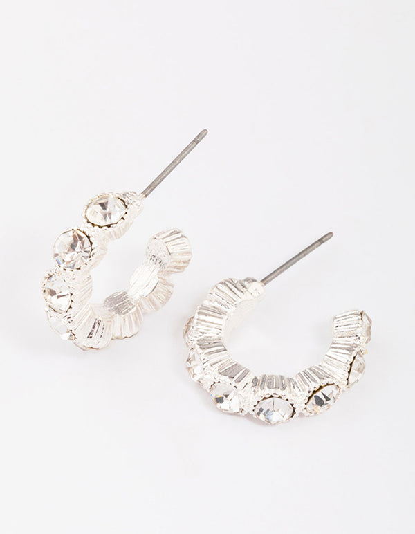 Silver Small Round Diamante Hoop Earrings