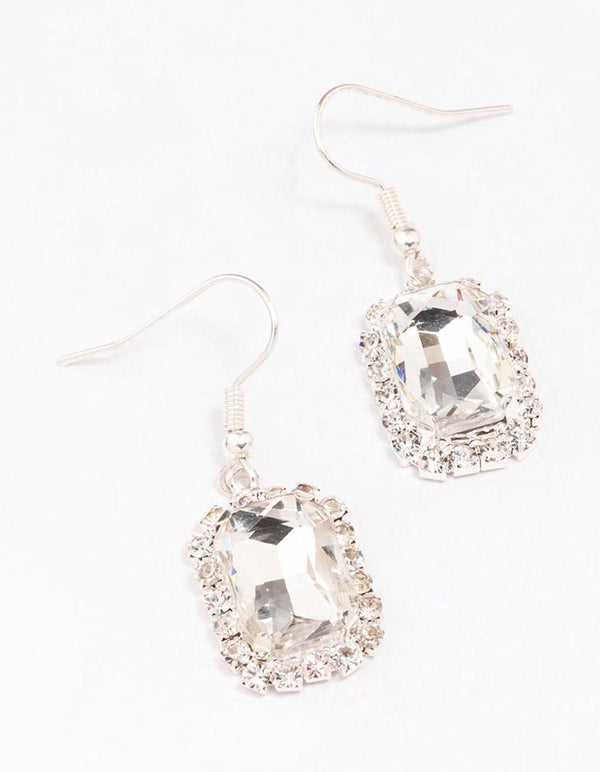 Silver Encased Rectangular Diamante Drop Earrings