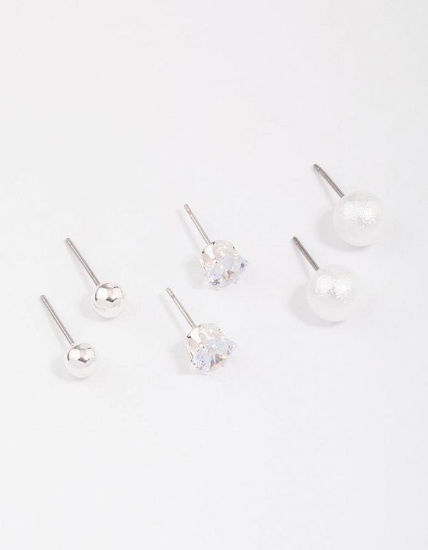 Silver Classic Pearl & Diamante Stud Earring 3-Pack