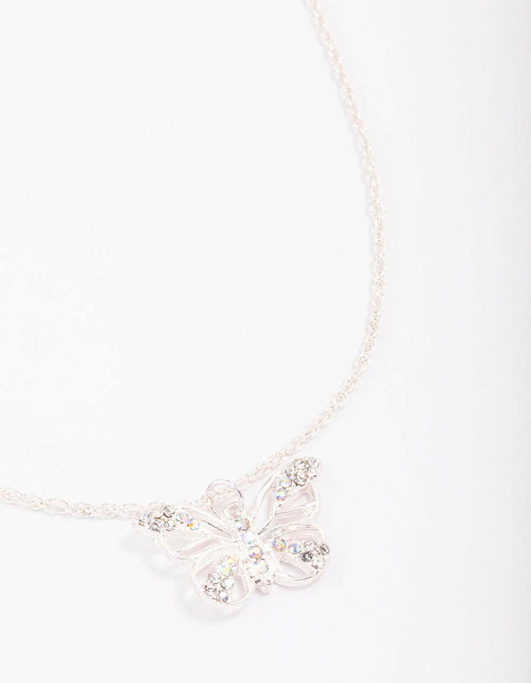 Silver Diamante Open Butterfly Pendant Necklace