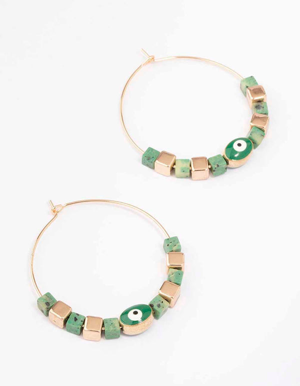 Gold & Green Beaded Evil Eye Hoop Earrings