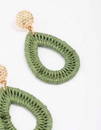 Gold & Green Oval Raffia Stud Drop Earrings - link has visual effect only