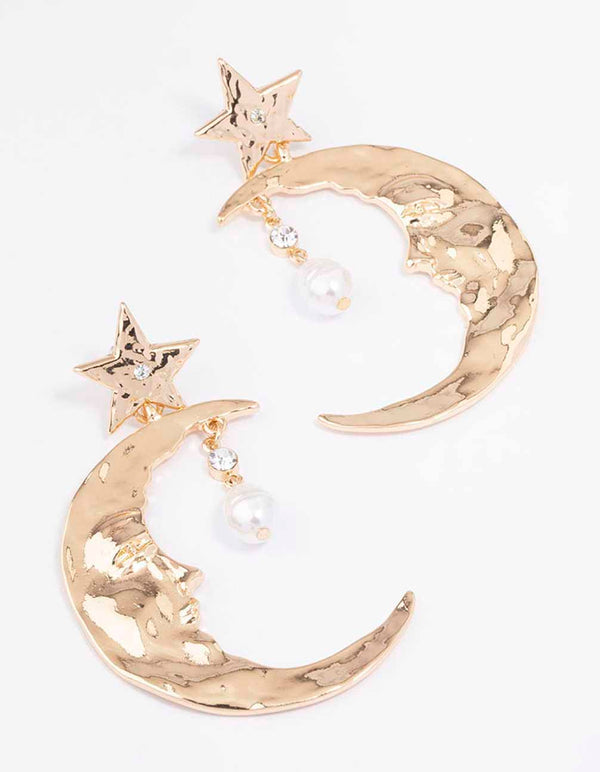 Gold Celestial Moon Drop Earrings