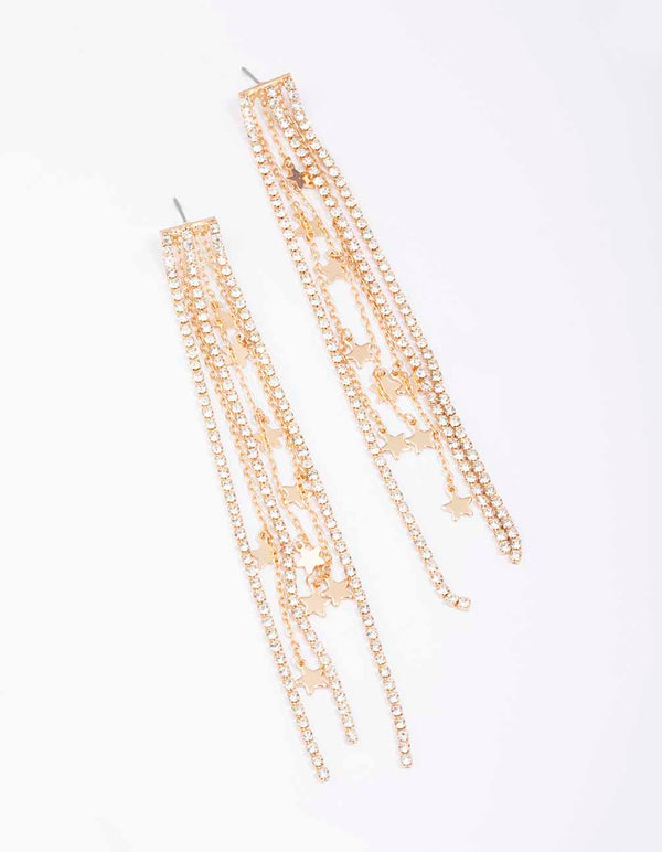 Gold Diamante Cup Chain Star Drop Earrings