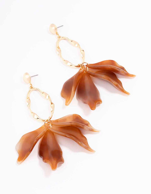 Gold Oval Floral Drop Earrings