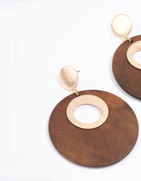 Gold Round Wooden Disc Drop Earrings - link has visual effect only