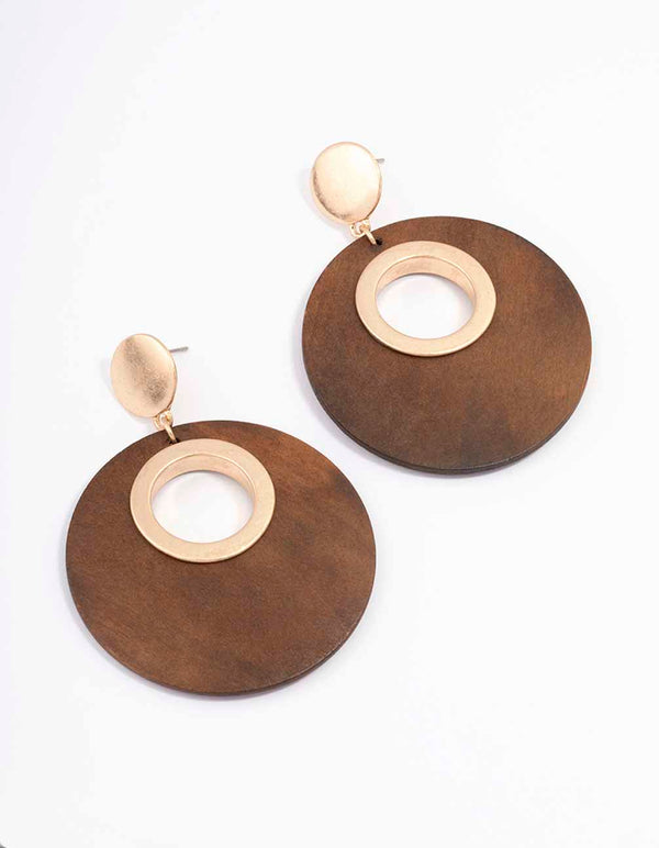 Gold Round Wooden Disc Drop Earrings