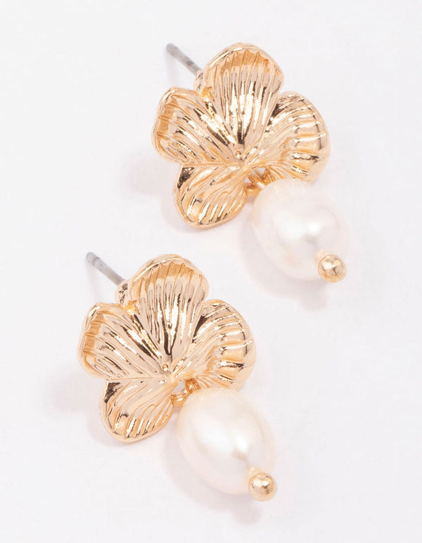 Gold Flower Pearl Drop Earrings