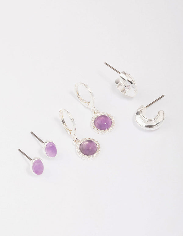 Silver Plated Round Amethyst Earring 3-Pack