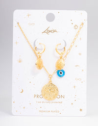 Gold Plated Coin Evil Eye Necklace & Earring Jewellery Set - link has visual effect only