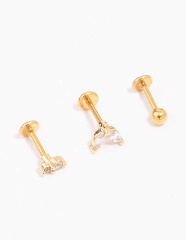 Gold Plated Surgical Steel Cubic Zirconia Double Marquise Flat Back 3-Pack