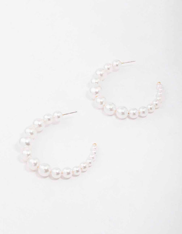 Gold Medium Pearl Hoop Earrings