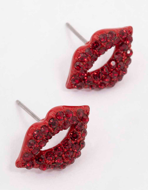 Red Bling Diamante Lip Stud Earrings