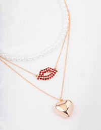 Gold Heart & Lips Glamorous Layered Necklace - link has visual effect only