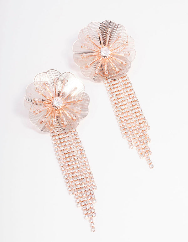 Rose Gold Flower Diamante Cup Chain Drop Earrings