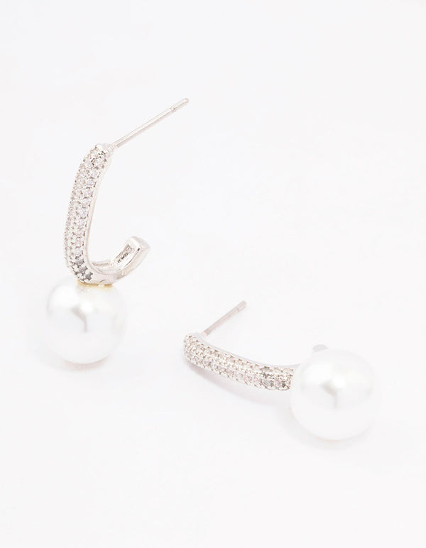 Rhodium Cubic Zirconia Small Pearl Drop Earrings