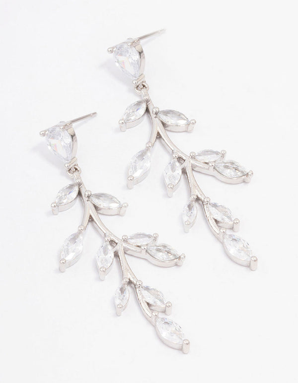 Silver Cubic Zirconia Leaf Drop Earrings