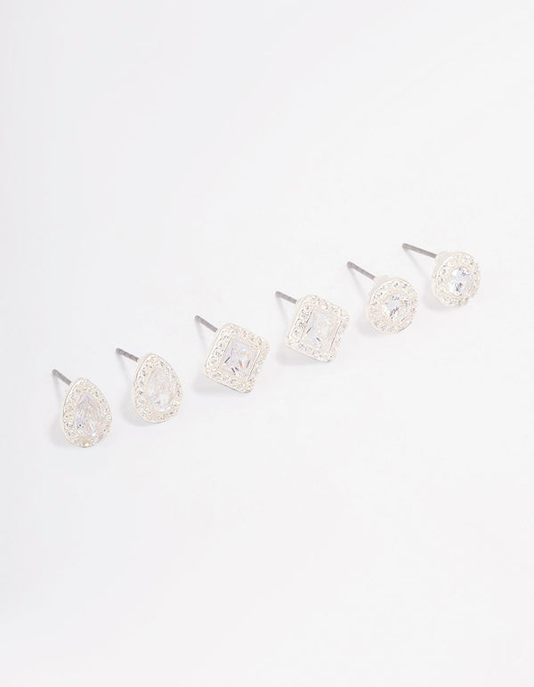 Silver Mixed Cubic Zirconia Stud Earring 3-Pack