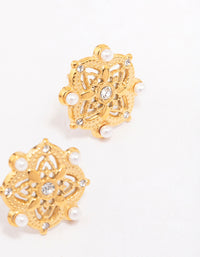 Waterproof Gold Plated Stainless Steel Diamante & Pearl Boho Stud Earrings - link has visual effect only