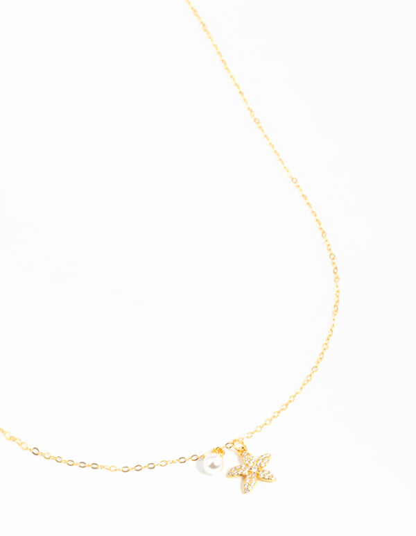 Gold Plated Sterling Silver Starfish Freshwater Pearl Chain Necklace